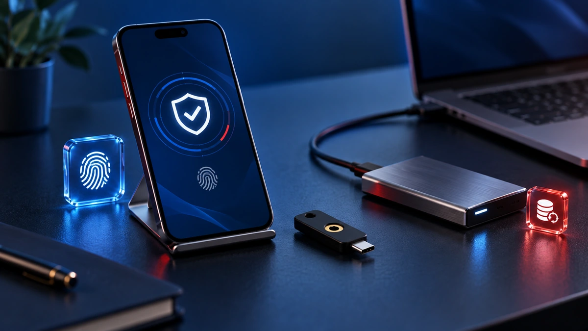 Managed Cybersecurity & Data Protection | QubeApps Smartphone displaying an authentication check beside a security key and backup drive on a deep blue desk.