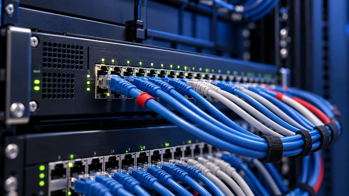 Managed Network & Infrastructure | QubeApps Close-up of a network switch with neatly routed Ethernet cables and active status lights in a blue server rack.