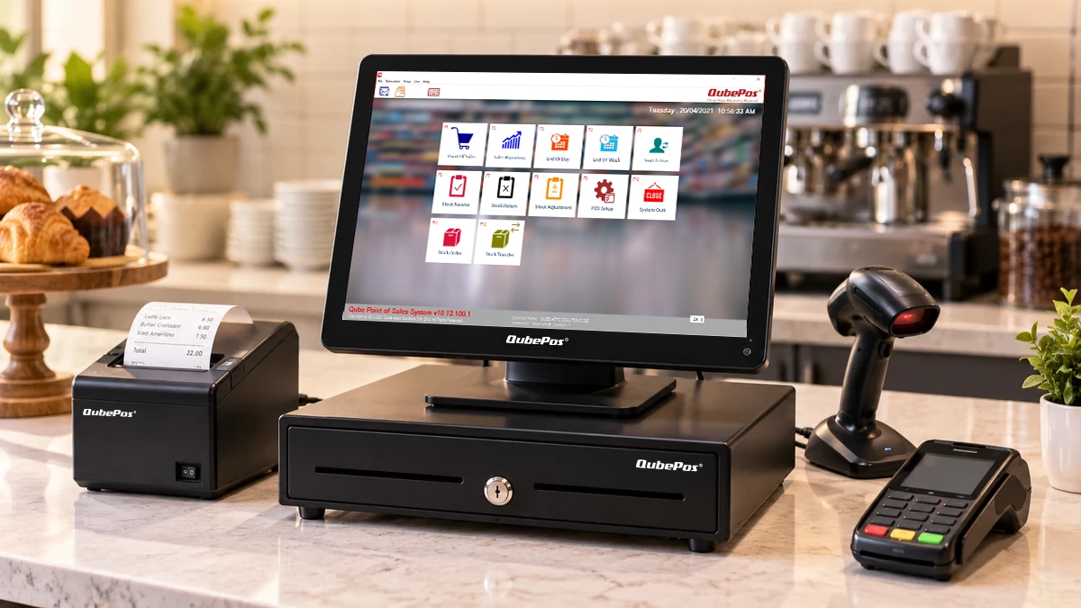 POS & Business Operations Systems | QubeApps POS touchscreen, cash drawer, receipt printer, barcode scanner and payment terminal on a café counter.
