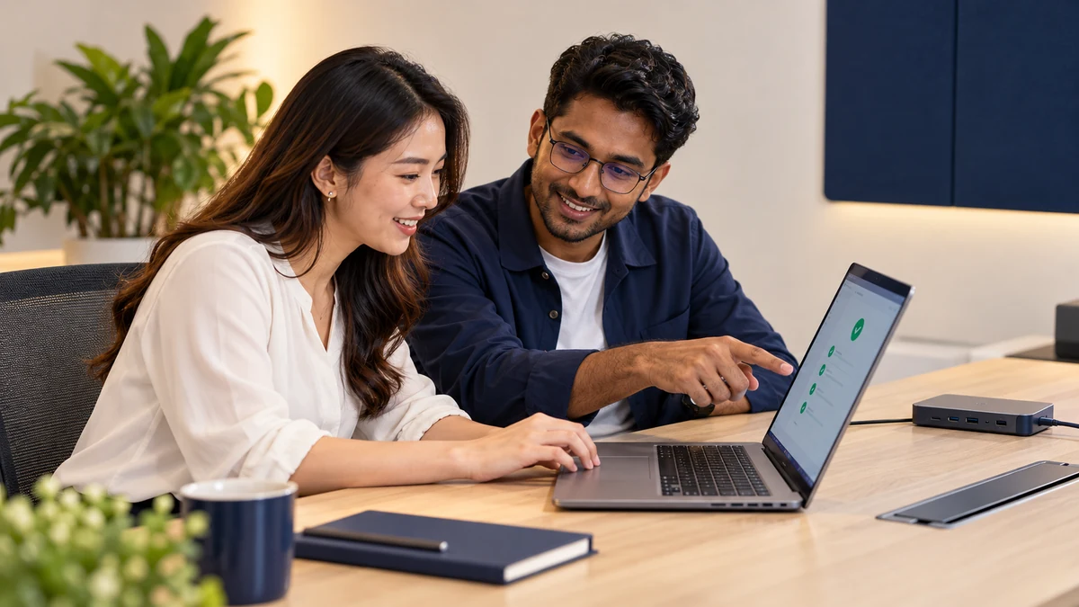 End-User & Workplace IT Support | QubeApps IT technician helping an office employee set up her laptop at a bright workspace.