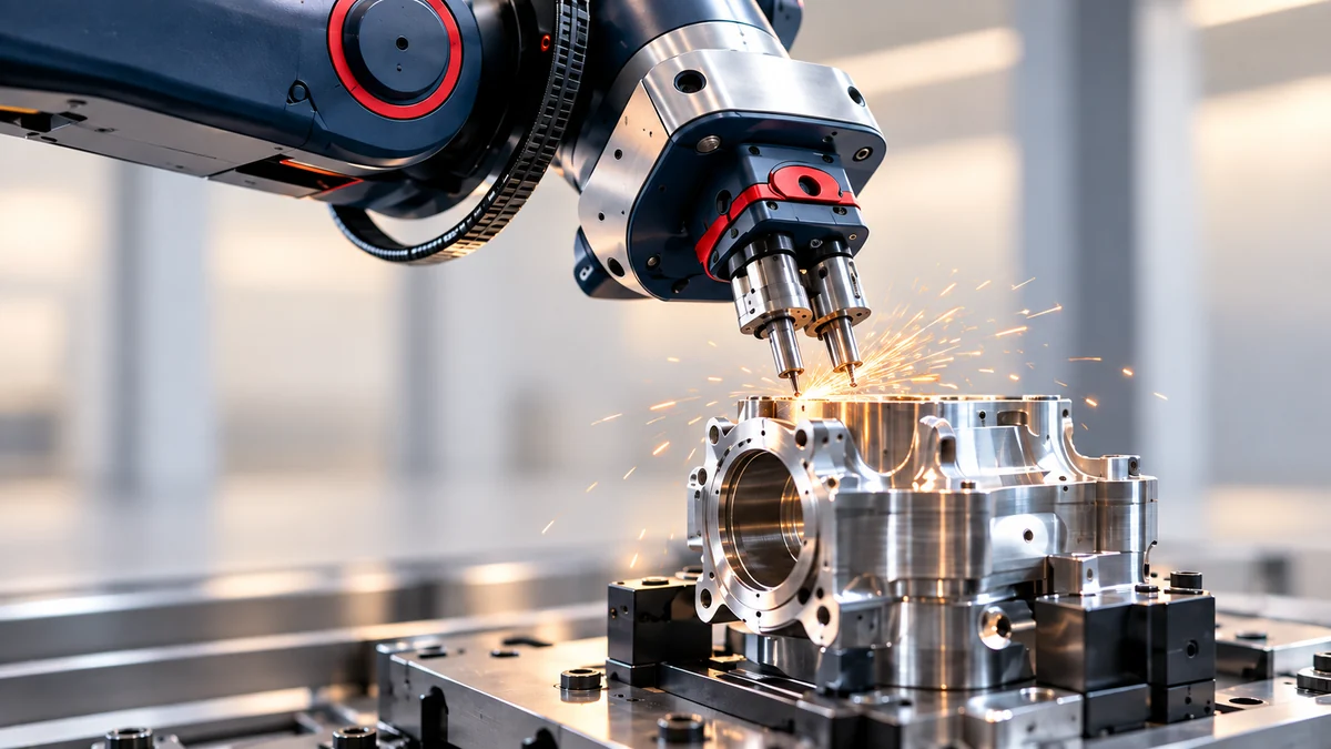 Industrial robotic arm machines a metal component as sparks fly from the workpiece.