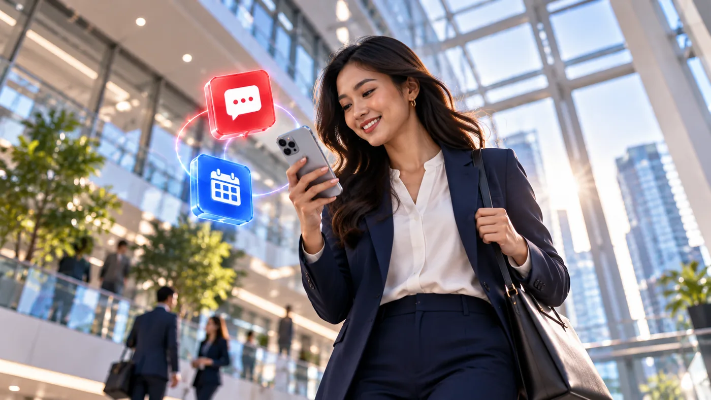 Business communication on the go Professional checking messages and scheduling on a smartphone while walking through an office atrium.