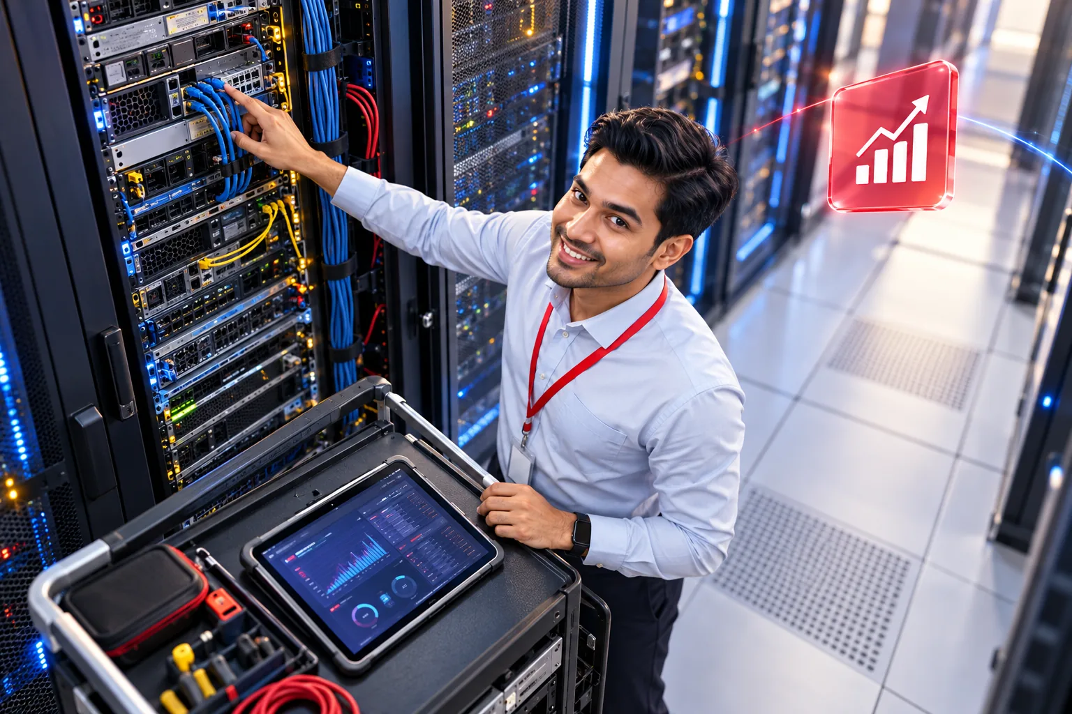 Our Key Approaches Technician checking network equipment in a server room.
