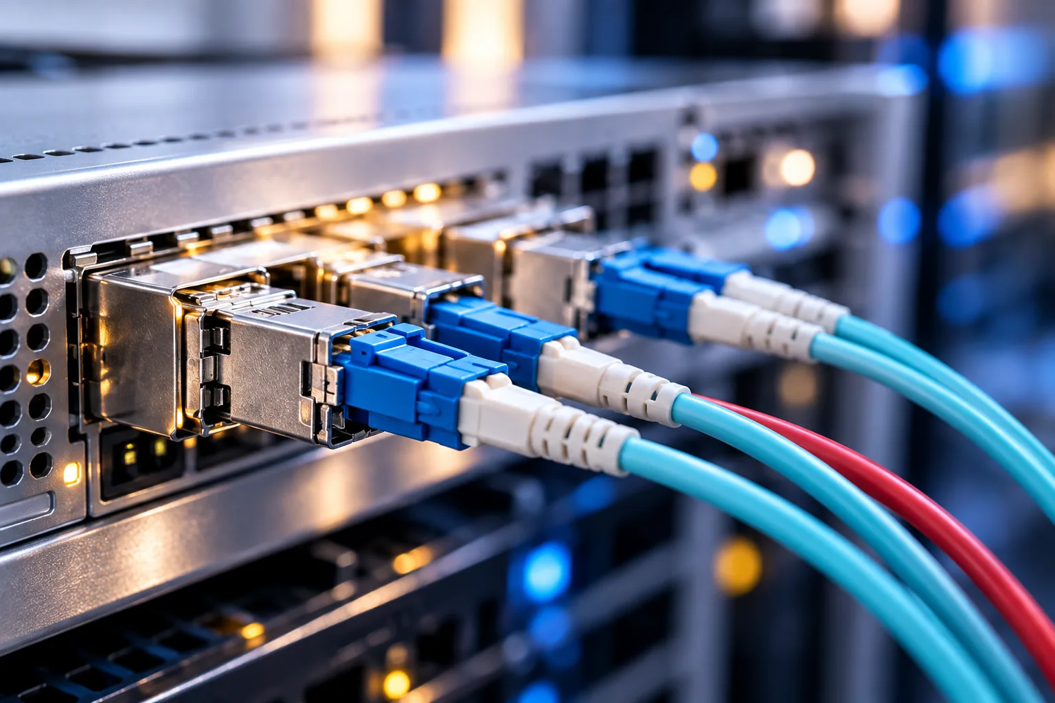 Optical & High-Speed Networks Fibre optic cables connected to network equipment.