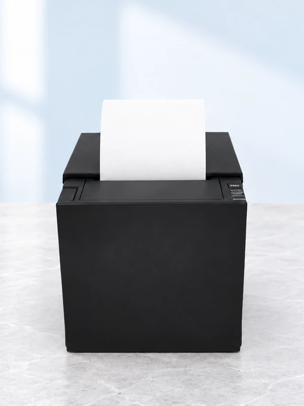 Front view of a black POSBANK A6 receipt printer with a blank thermal paper strip.