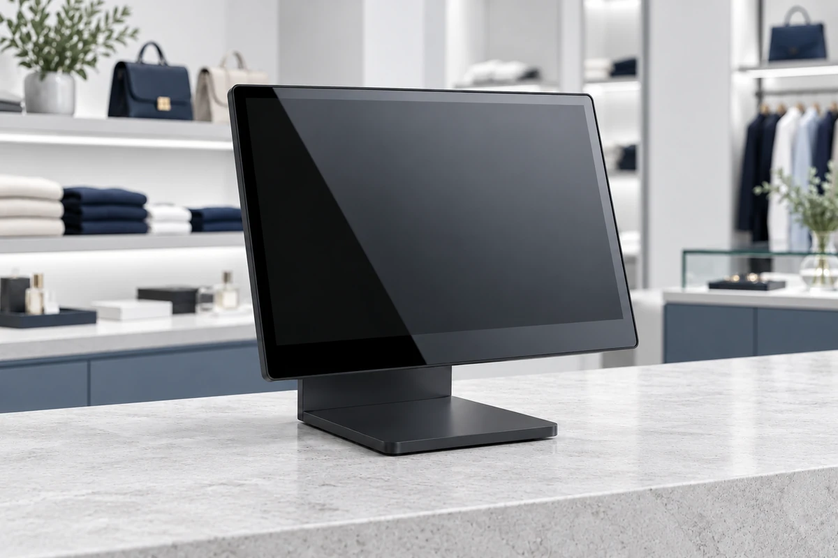 Black POSBANK ACT-1560 touchscreen POS terminal on a stone checkout counter in a premium retail store.