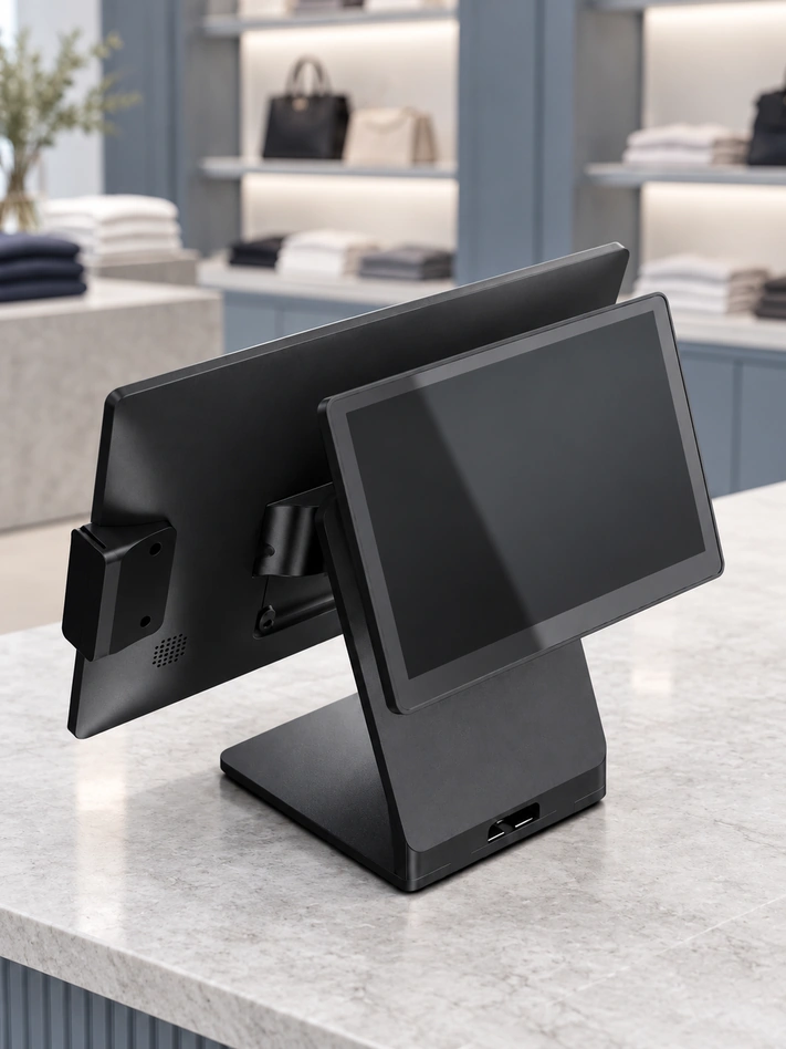 Rear three-quarter view of a POSBANK ACT terminal with an attached customer-facing display.