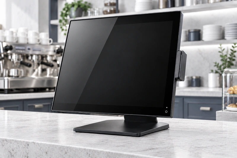 Black POSBANK APEXA Core touchscreen POS terminal on a stone café counter with an espresso machine behind it.