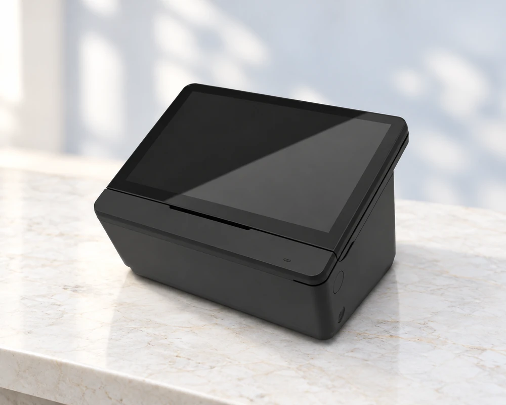 Black POSBANK MINT all-in-one terminal with a tilted screen and integrated printer housing on a compact counter.