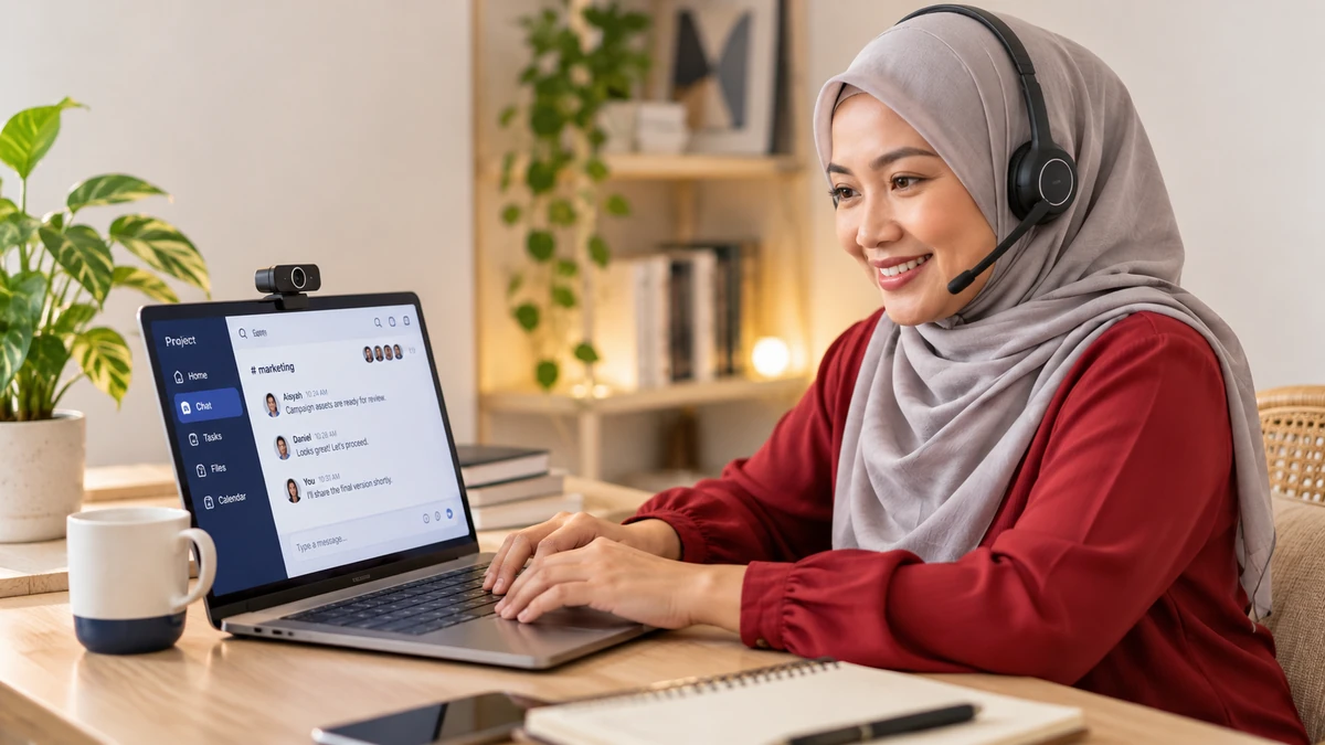 Remote Work & Secure Collaboration | QubeApps Woman in a soft grey hijab working on a laptop with a headset at a bright home office desk.
