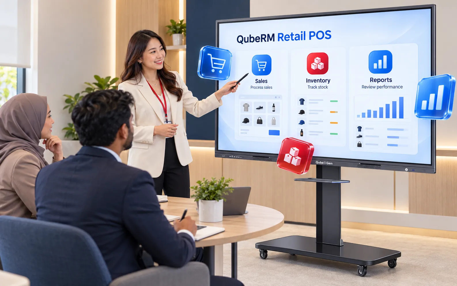 Qube i-Gen Smartboard Reseller Presentation | QubeApps Malaysia Presenter explains QubeRM retail POS on a Qube i-Gen smartboard to two seated business partners, with floating sales, stock and reporting icons.