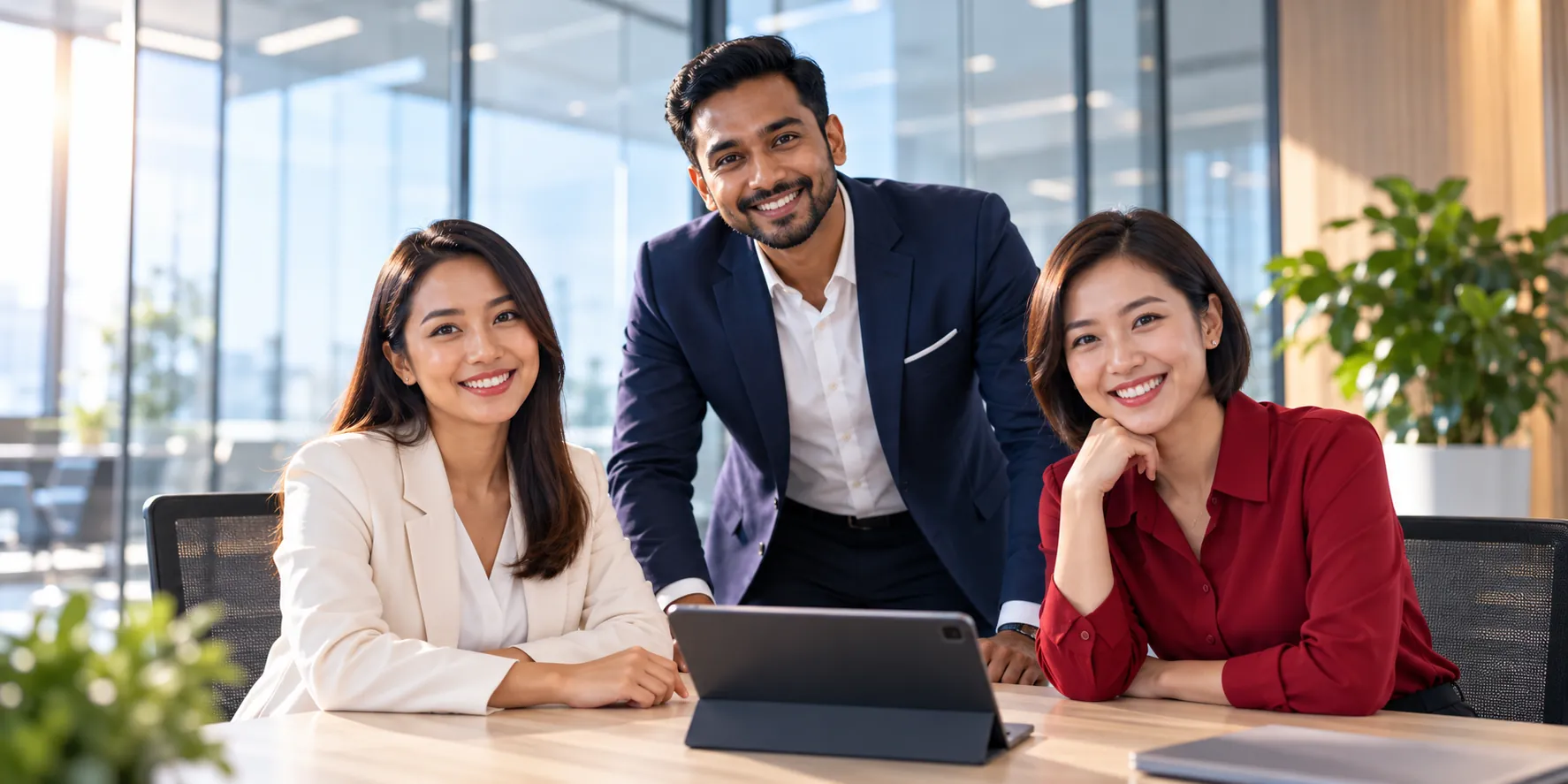 Become a QubeApps Reseller Partner in Malaysia Three smiling business professionals gathered around a tablet, illustrating a welcome to the QubeApps reseller program.