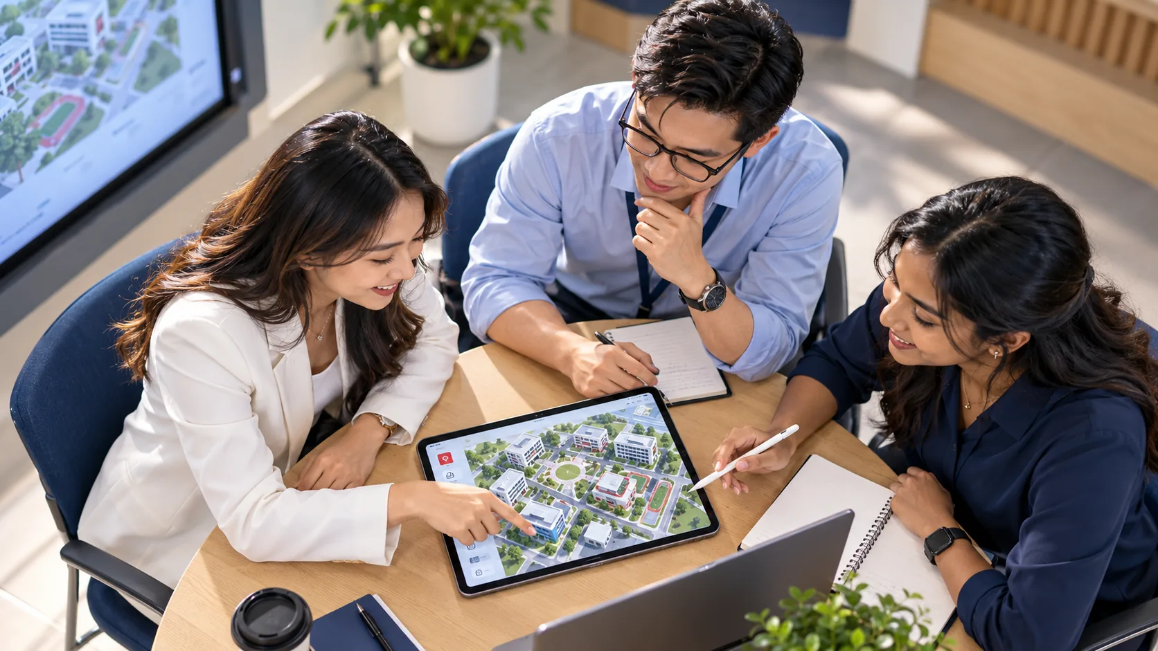 Smart campus planning Campus administrators review a campus layout on a tablet