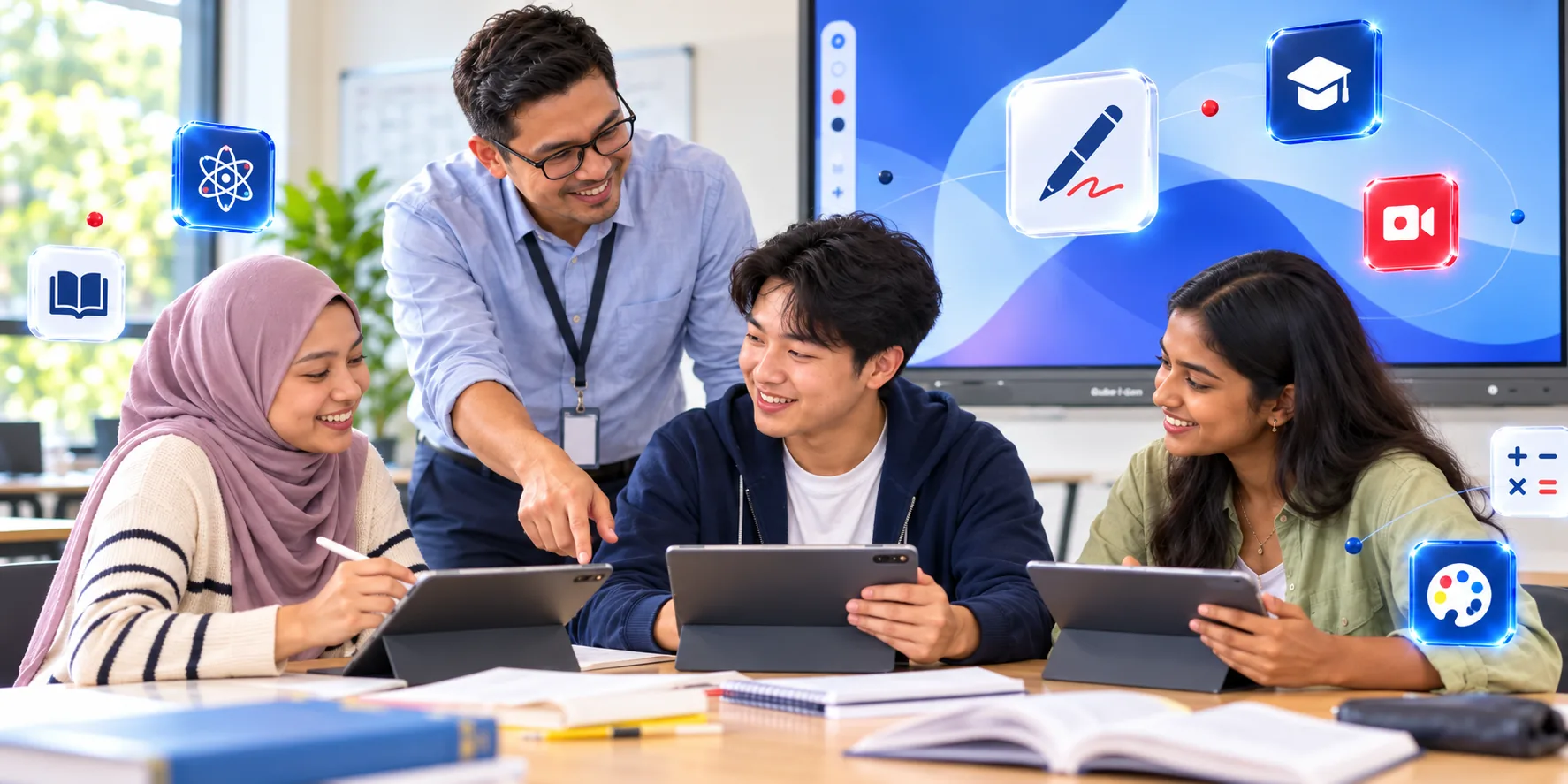 Digital classroom collaboration Teacher and students collaborate with tablets beside a digital classroom display