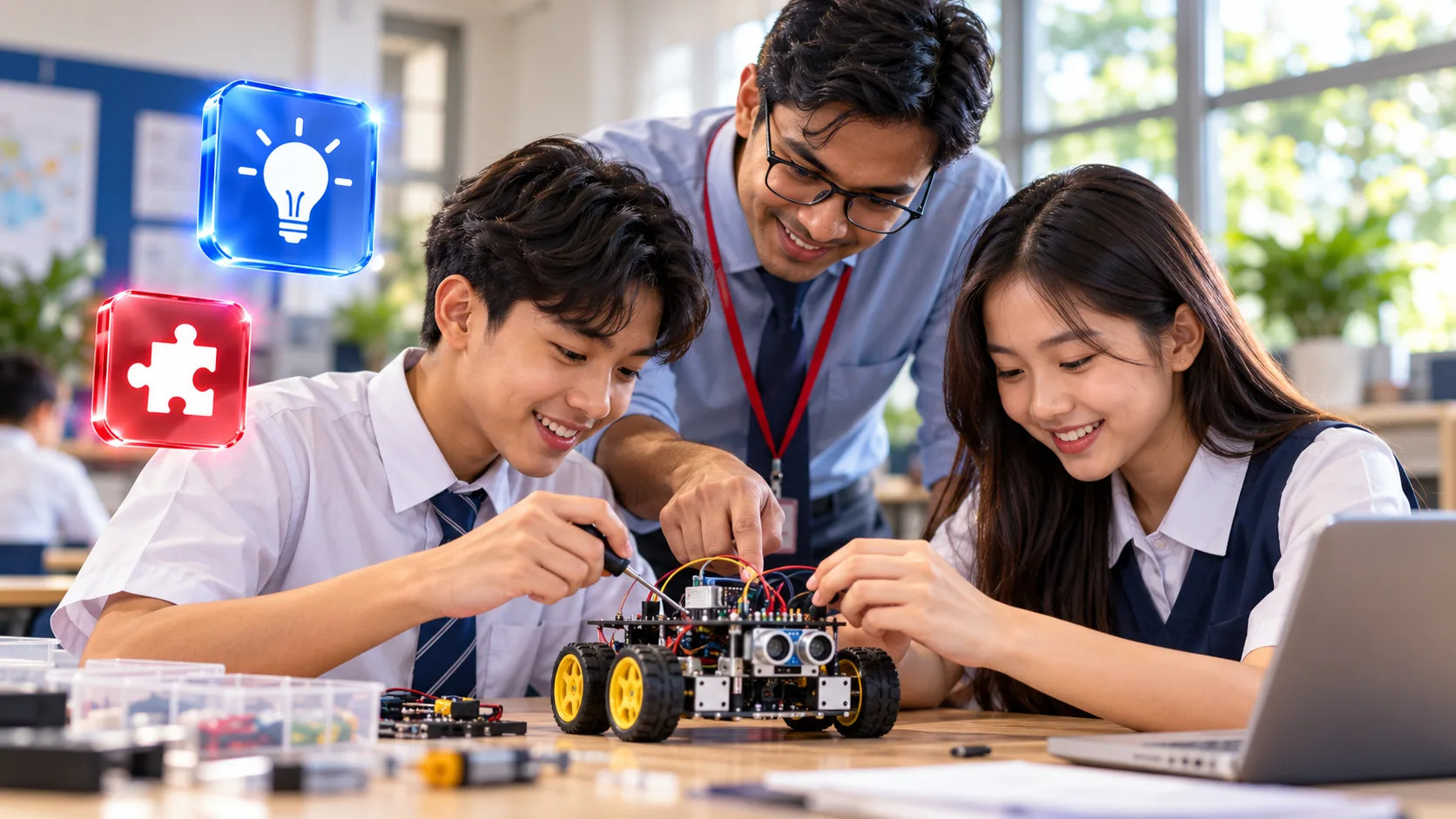 Collaborative robotics learning Teacher guides students building a robotics project in a classroom