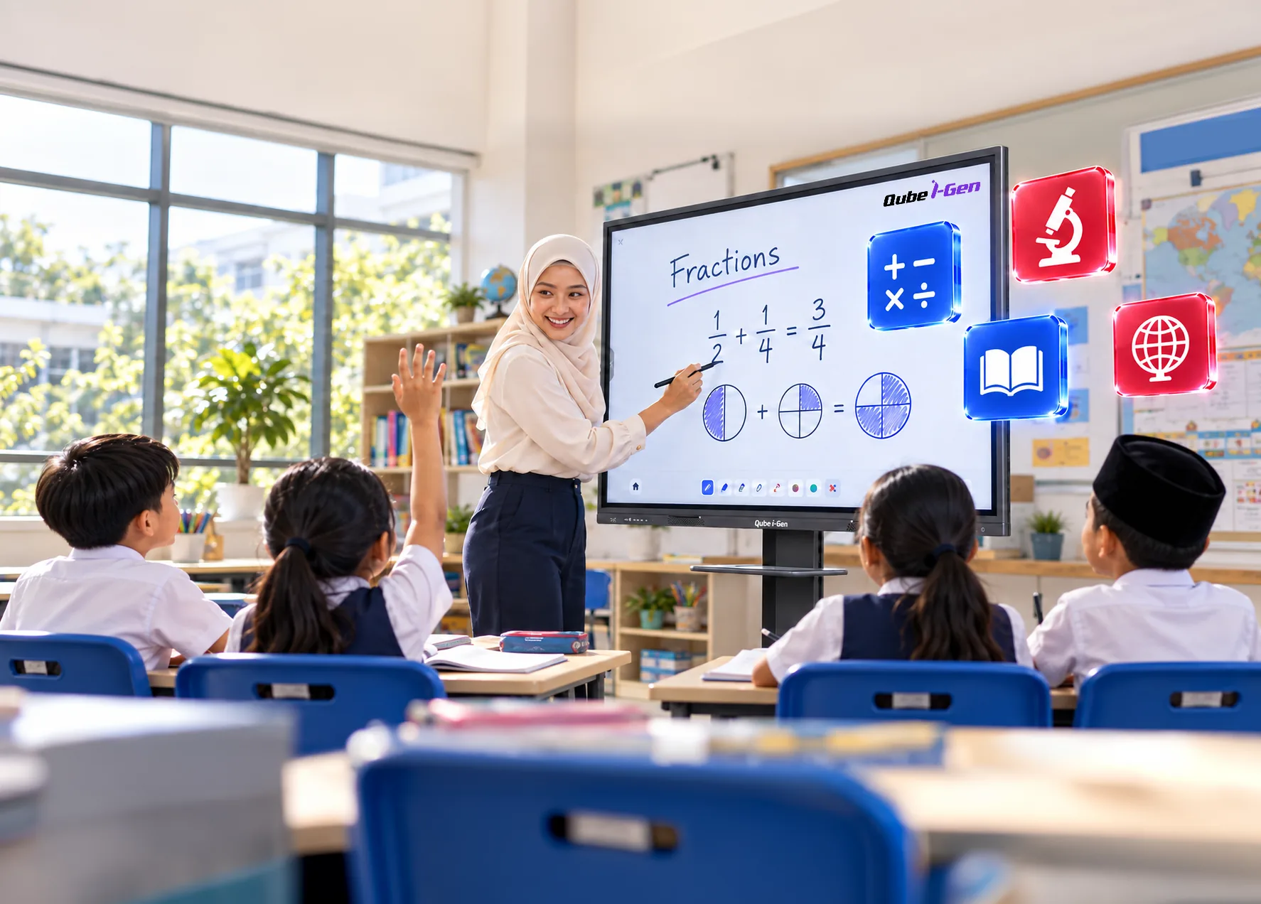Teacher uses an interactive display to teach fractions to students
