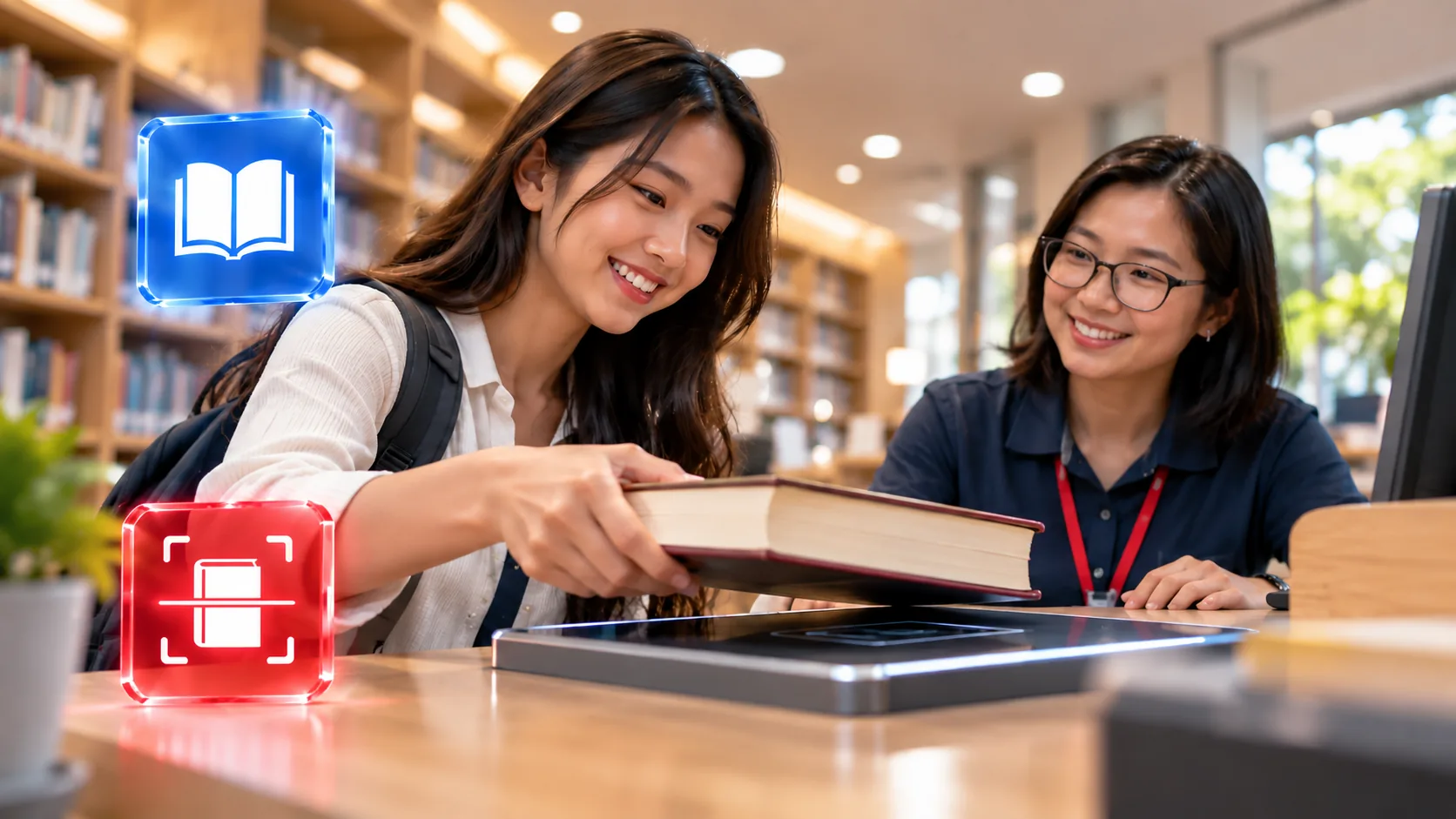 Smart library book scanning Student and library staff member scan a book at a library service desk