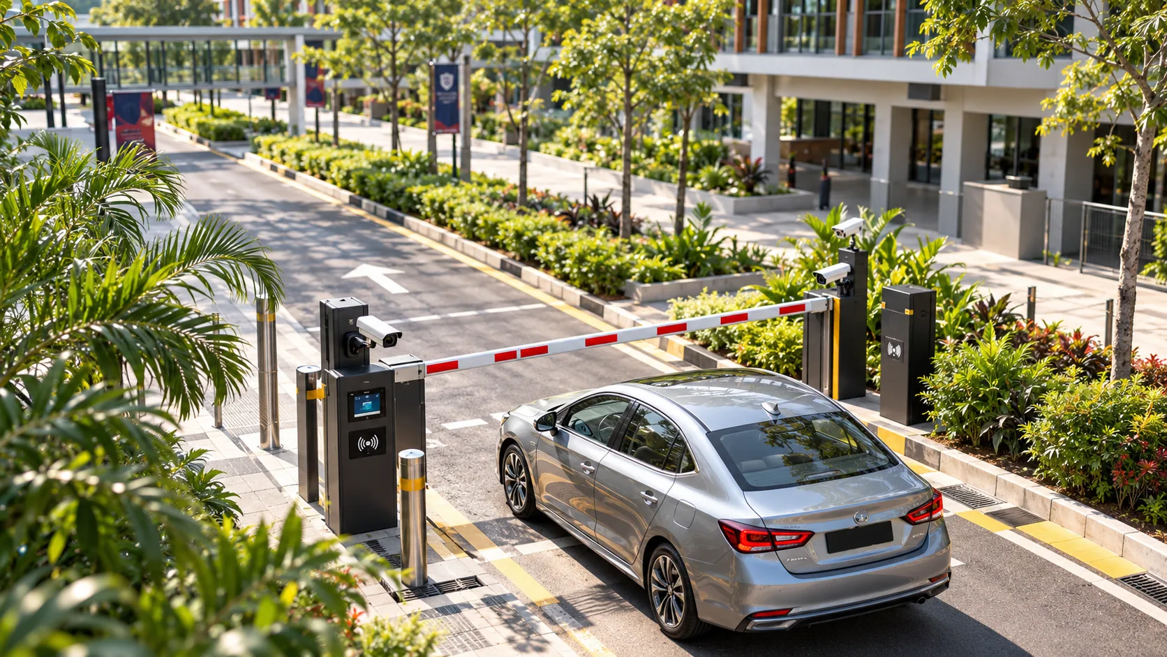 Smart campus parking entrance Car approaches an automated parking barrier at a campus entrance