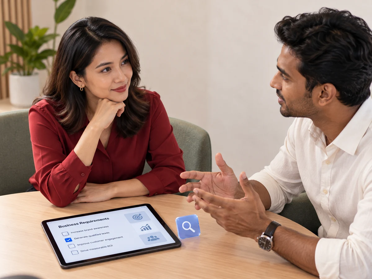 Understanding Customer Software Needs | QubeApps Software consultant discussing business requirements with a client at a bright meeting table.