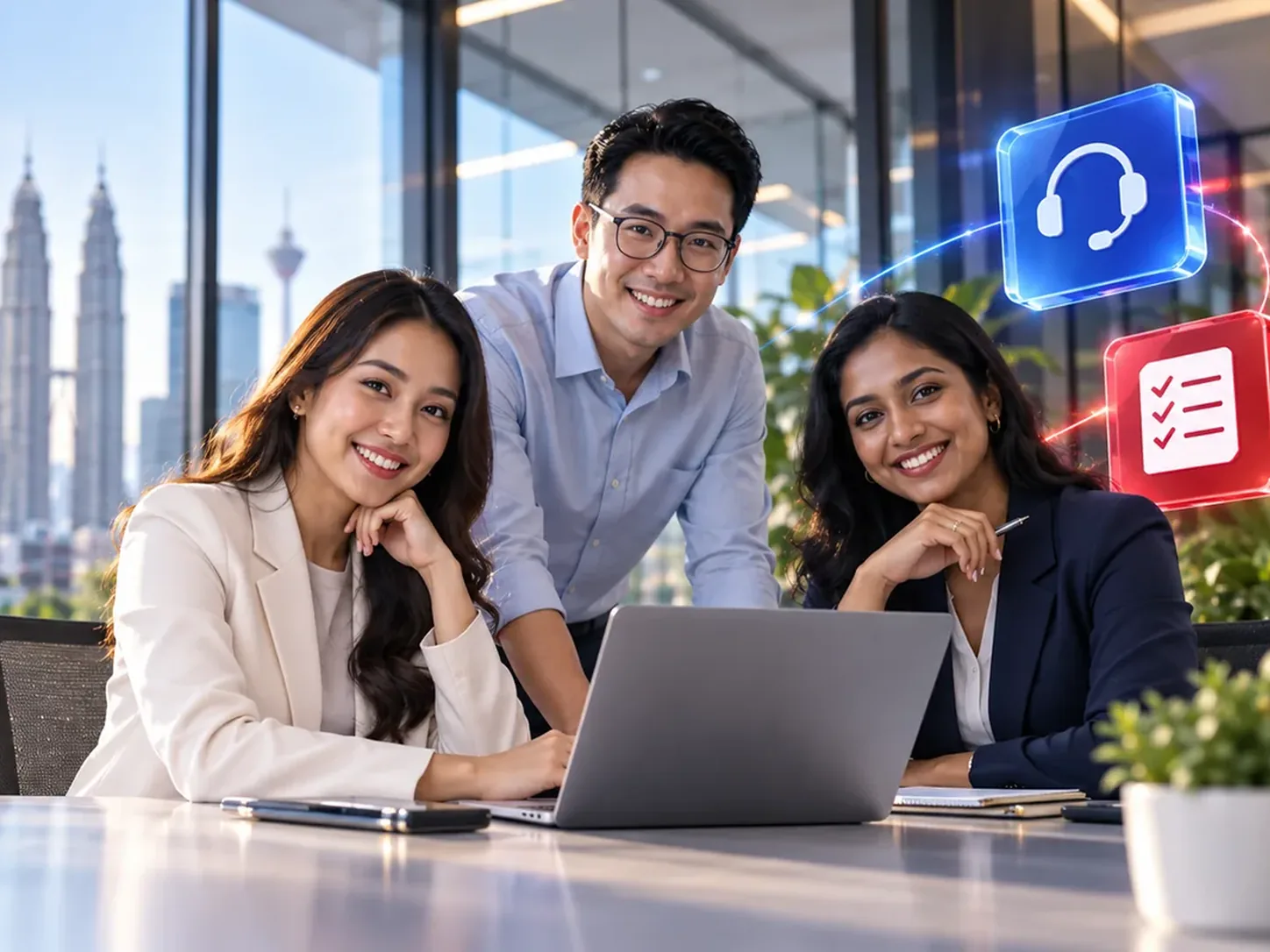Business Software Support Team in Malaysia Three colleagues at a laptop beside illustrated support and checklist icons.