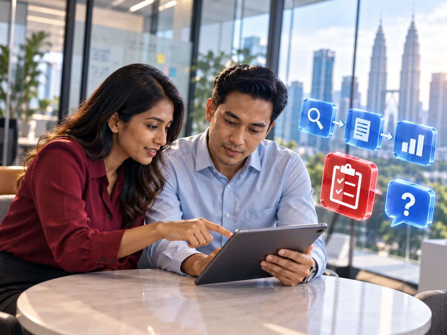 Software Discovery and Customer Needs Two colleagues reviewing requirements on a tablet during a software discovery discussion in Kuala Lumpur.