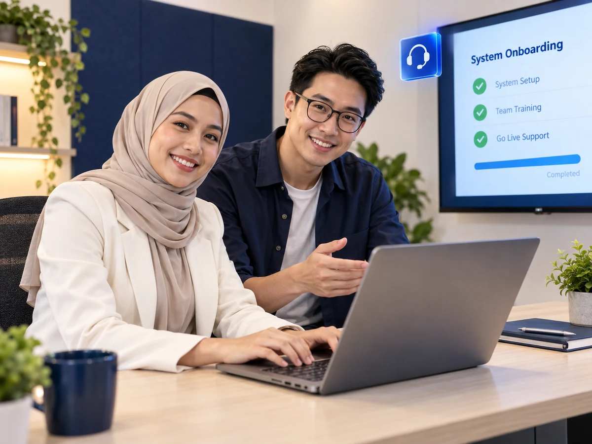 Software Implementation & Ongoing Support | QubeApps Two software specialists beside an onboarding dashboard in a bright support workspace.