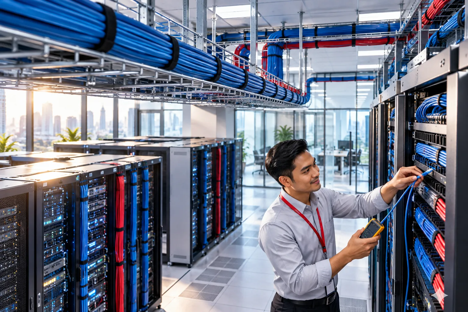 Structured Cabling Organised network cables routed through trays into server racks.