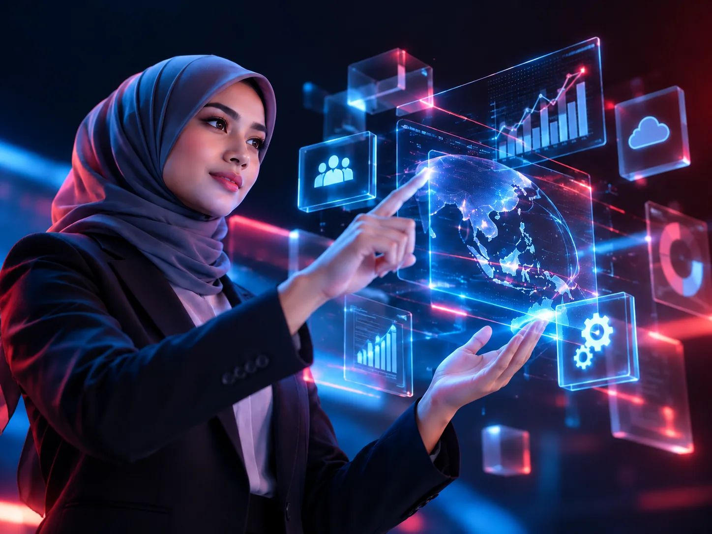 Trusted technology partner Business professional exploring connected technology dashboards.