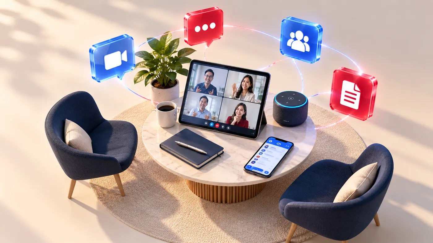 Connected communication workspace Illustrated workspace connecting a video meeting, group chat, document and smartphone.