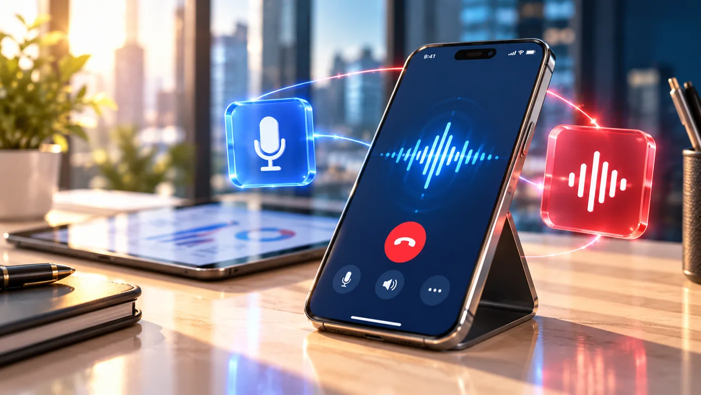 Business VoIP call on smartphone Smartphone displaying an active voice call interface on an office desk.