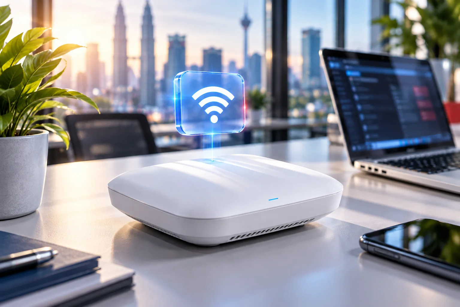 Wireless Network Solutions Wireless access point beside a laptop in a Malaysian office.