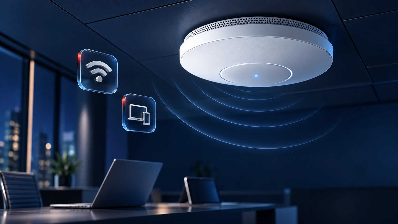 Enterprise Wireless Network Solutions Ceiling-mounted wireless access point providing Wi-Fi connectivity to a laptop and tablet in an office.