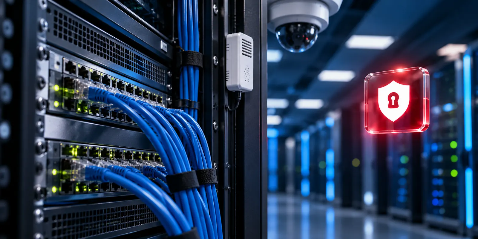 Smart Server Room Monitoring for Malaysian Campuses | QubeApps Close-up of blue network cables, a rack sensor and CCTV camera with a floating security shield icon.
