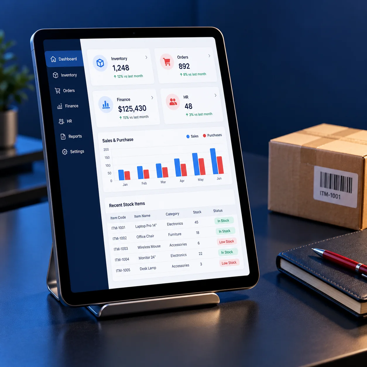 QubeERP Unified Business Dashboard Tablet displaying inventory, orders, finance and HR summaries beside a labelled stock package.